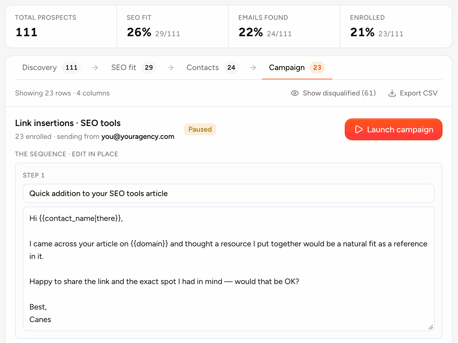 A draft campaign: 111 found, 29 fit, 24 emails, 23 enrolled, the sequence editable in place, and the Launch button