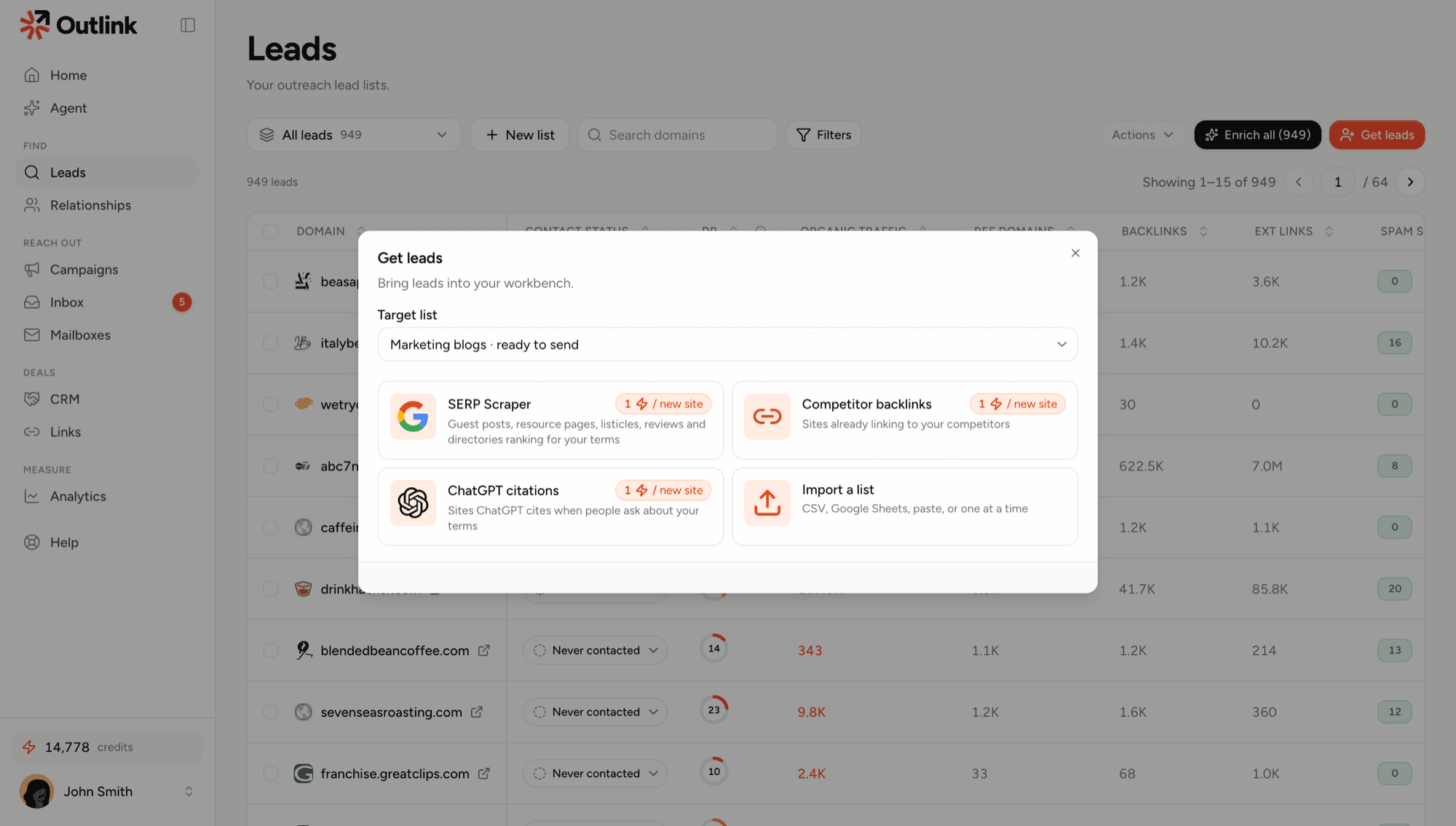 Get leads: the SERP Scraper, competitor backlinks and ChatGPT citations at 1 credit per new site, or import a list